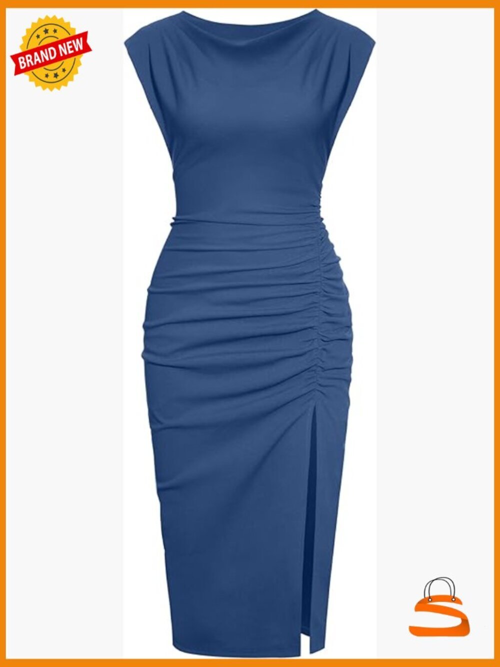 Mock Neck Side Slit Ruched Bodycon Midi Dress